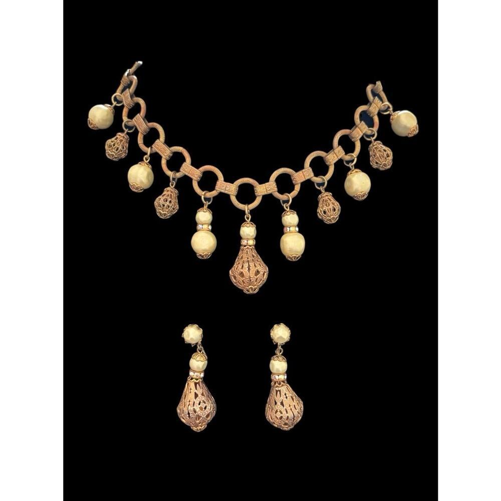 Festoon Faux Pearl Brass Filigree Bib Necklace & Clip Earring SET 2 Pc VINTAGE